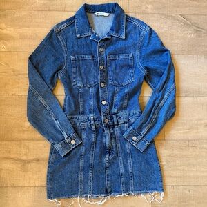 Zara denim jean mini dress size XS long sleeve pockets western country raw hem